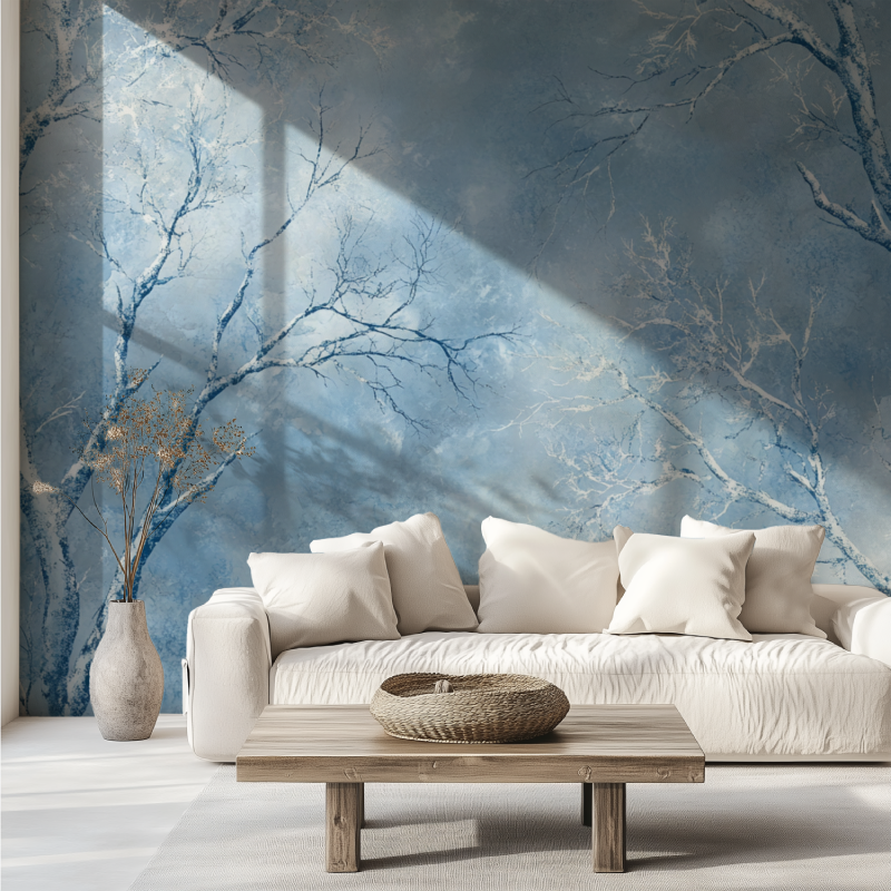 Papier peint arbre bleu givre canape tendance