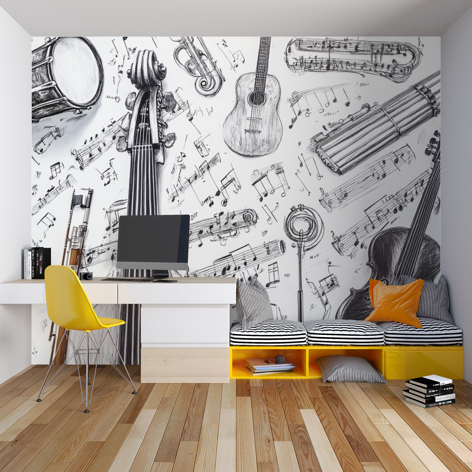 Papier peint instruments noir et blanc chambre garcon lit