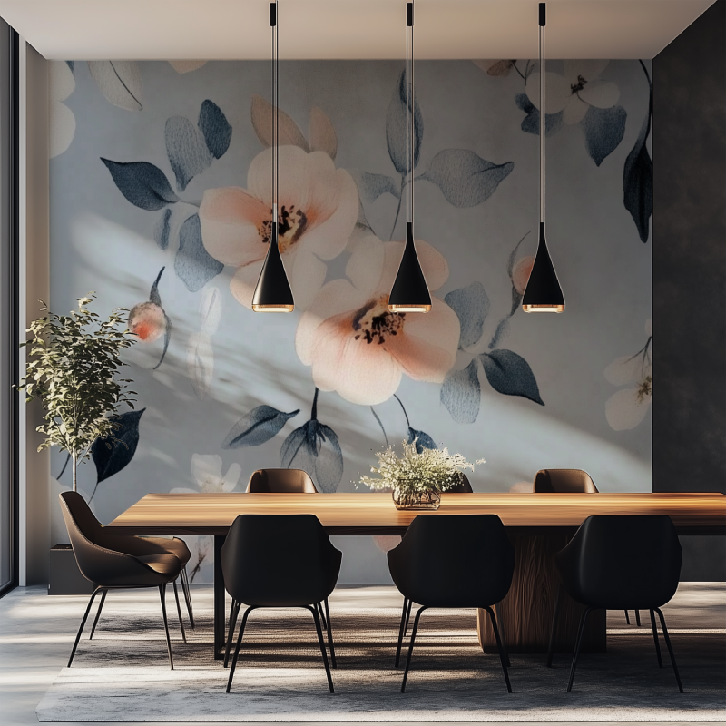 Papier peint fleur cerisier bleu salle manger tapisserie