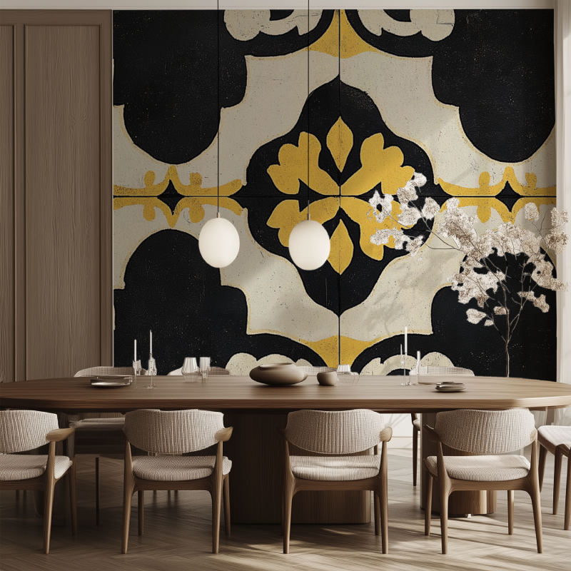 Papier peint vintage jaune mout...noir salle manger tendance