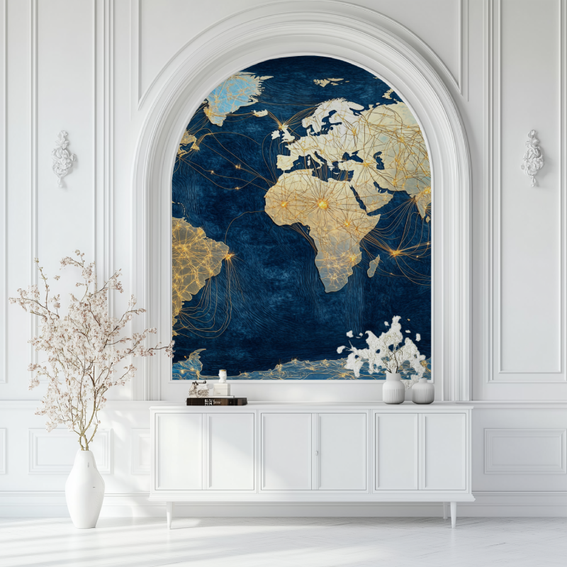 Papier peint carte du monde murale salon blanc