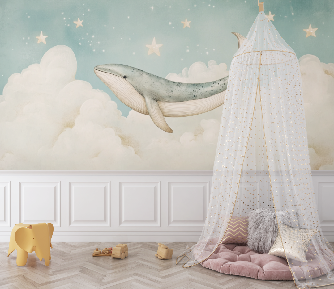 Papier peint baleine et nuages bebe