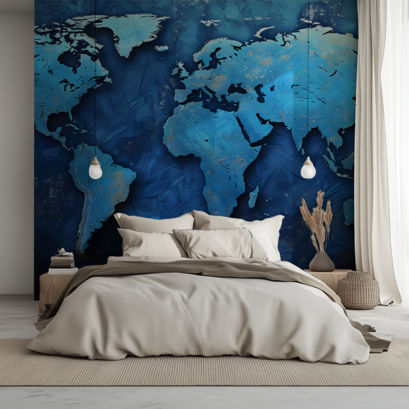 Papier peint carte du monde bleu foncee lit 1234