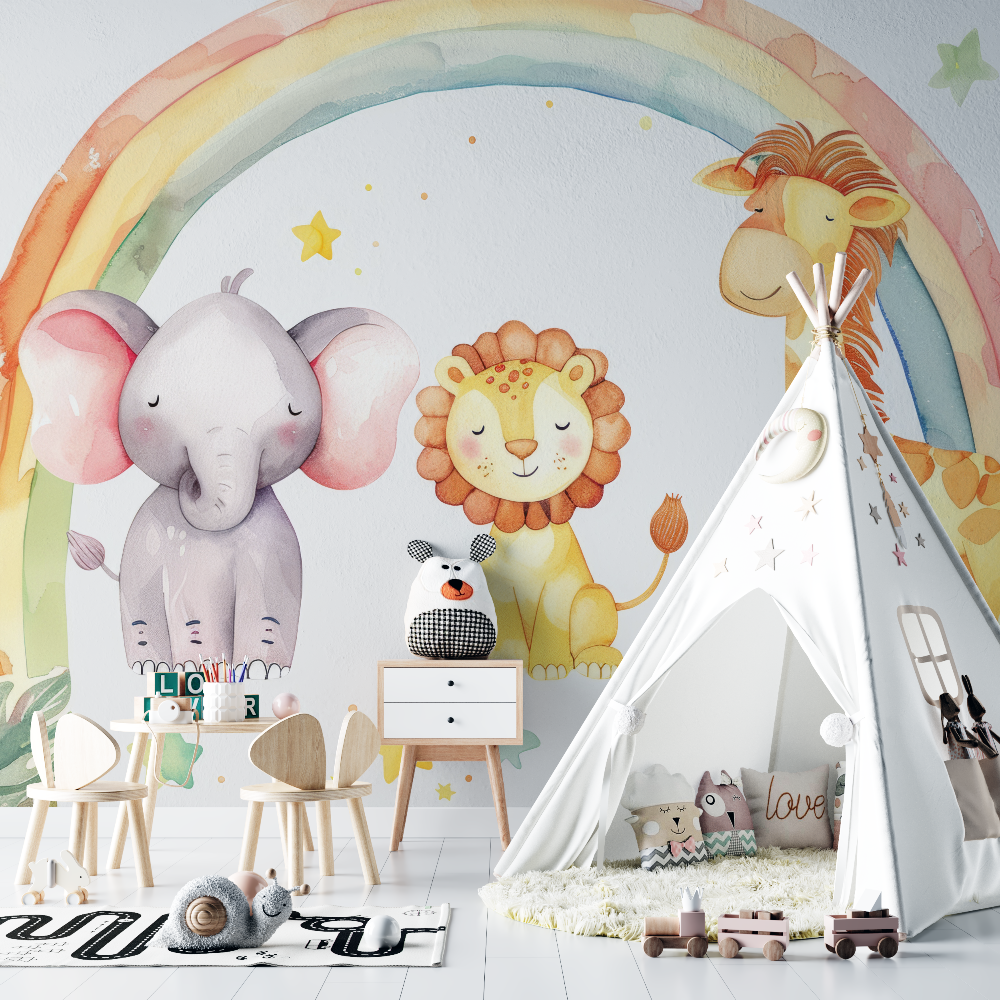 Papier peint lion et arcs en ciel pastel chambre bebe