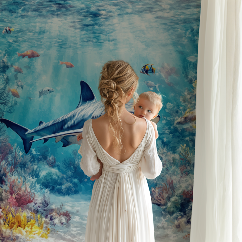 Papier peint marin panoramique requin bb123