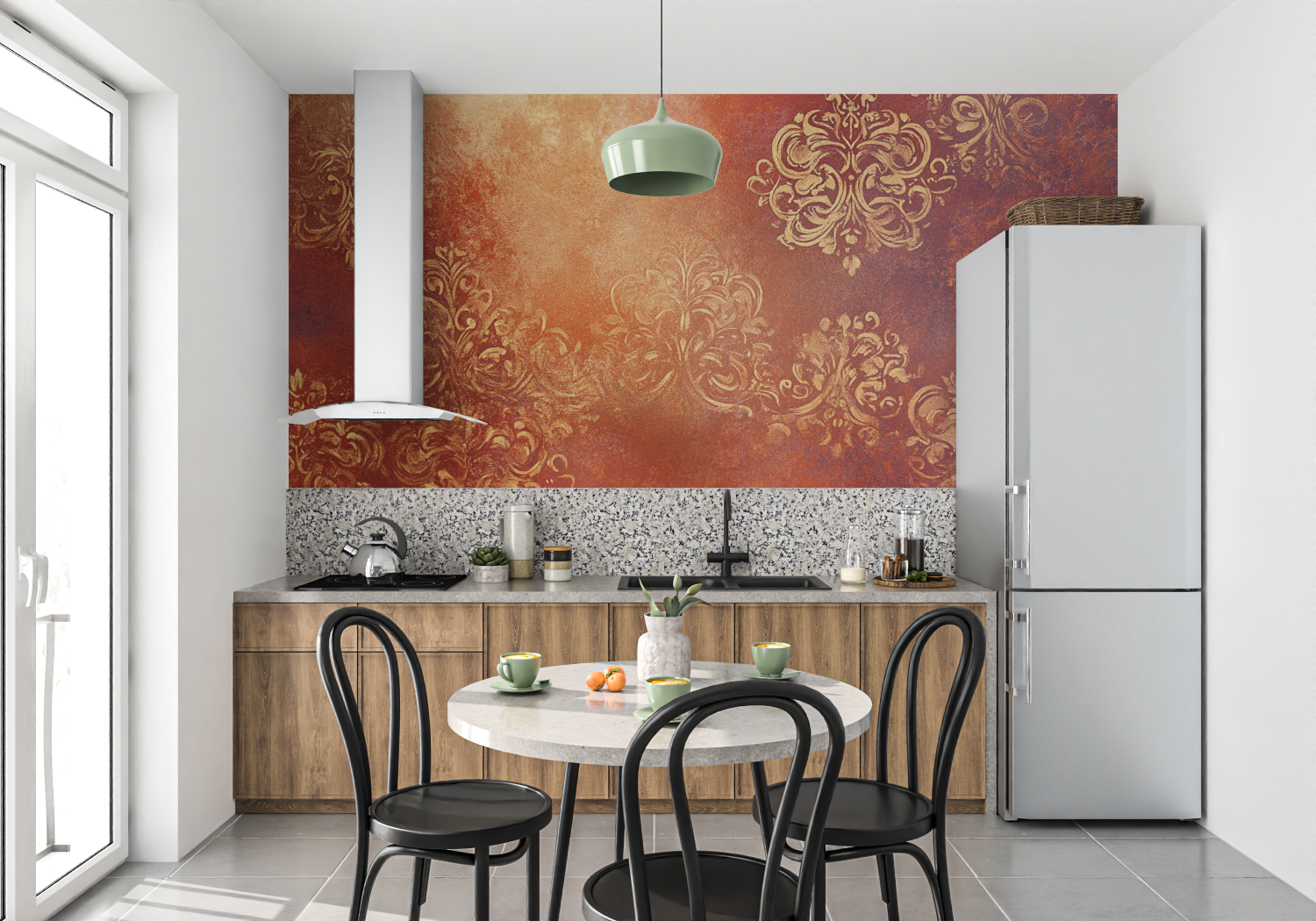 Papier peint terracotta et dore mur cuisine