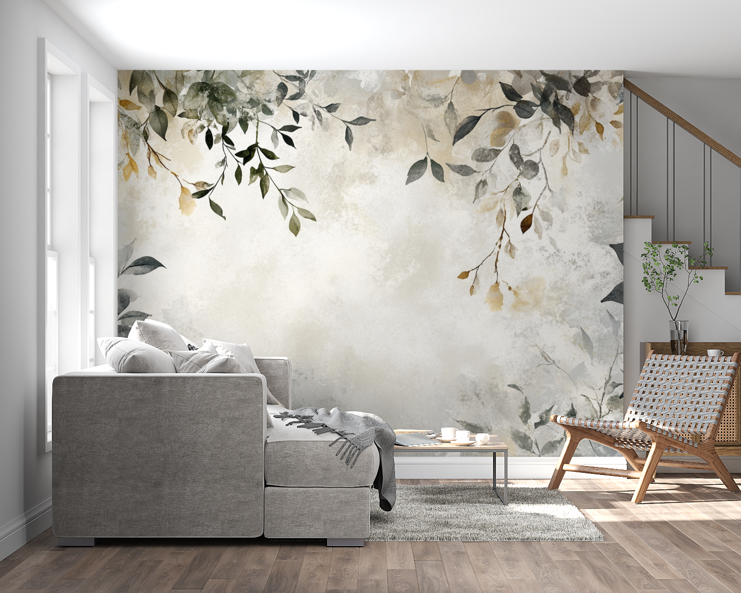 Papier peint aquarelle feuilles bohemes panoramique mural