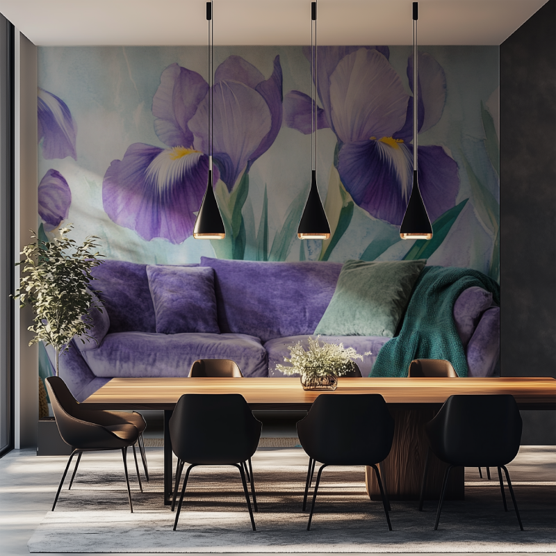 Papier peint fleur iris salle manger tapisserie