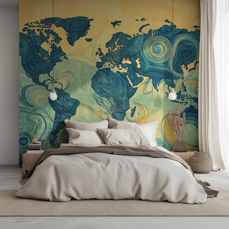 Papier peint carte du monde design lit 1234