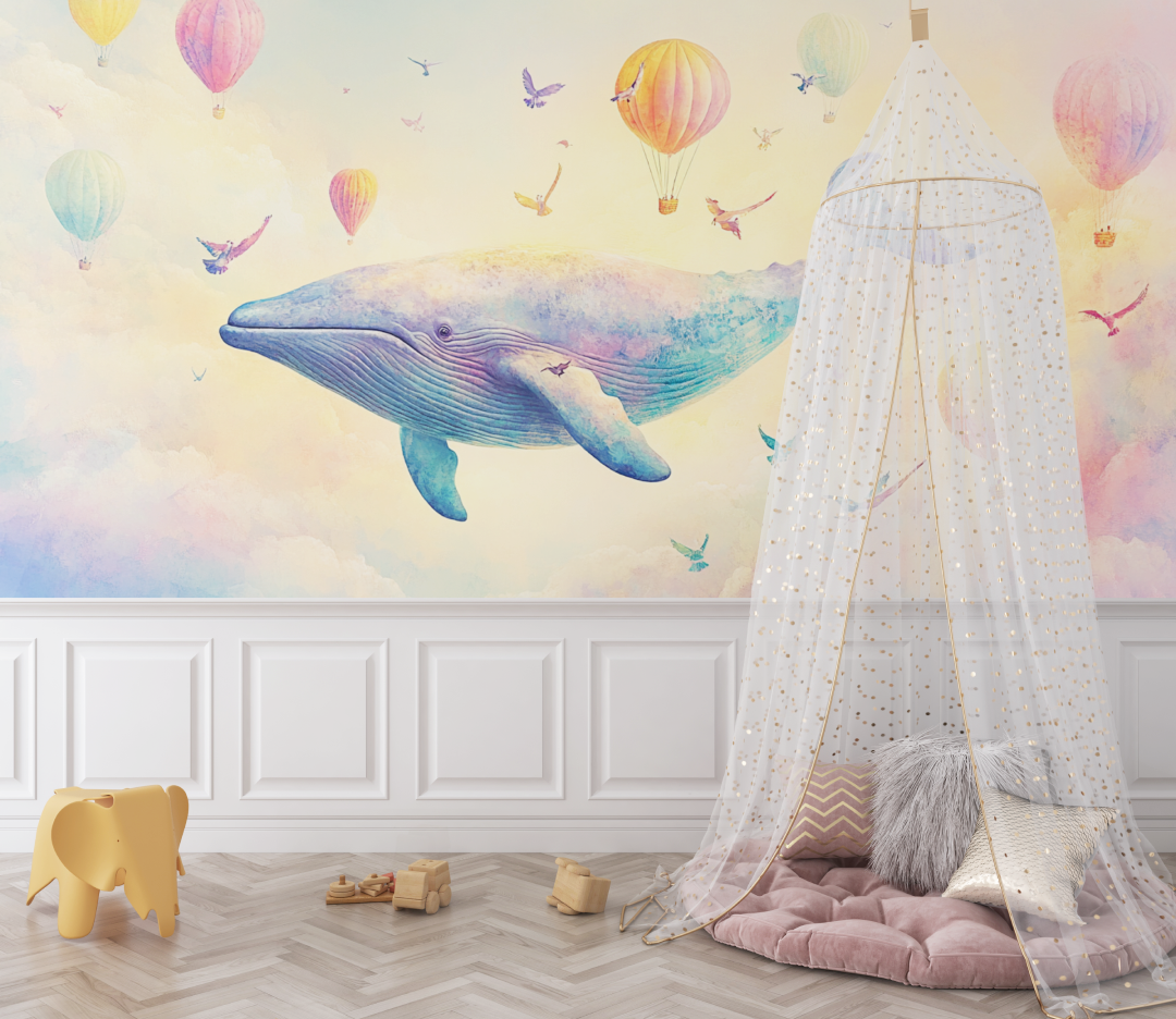 Papier peint baleine et montgolfiere bebe