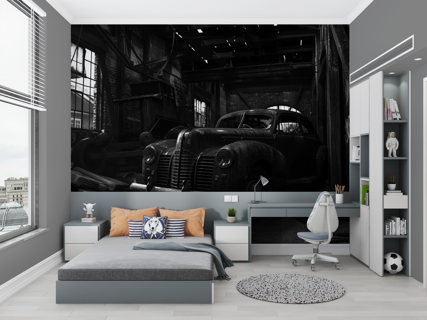 Papier peint panoramique voitur...oir et blanc chambre petit