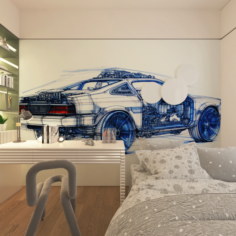 Papier peint dessin technique v...e bleu chambre adolescents