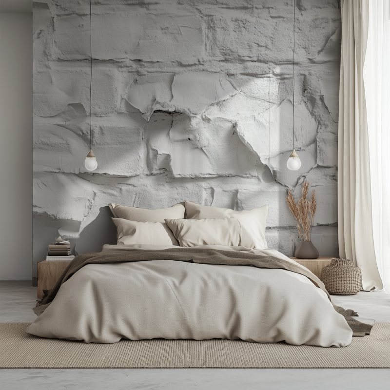 Papier peint blanc trompe loeil lit 1234