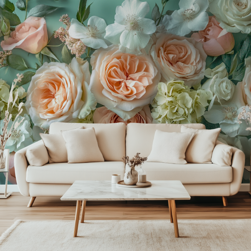 Papier peint fleuri vintage vert canape simple