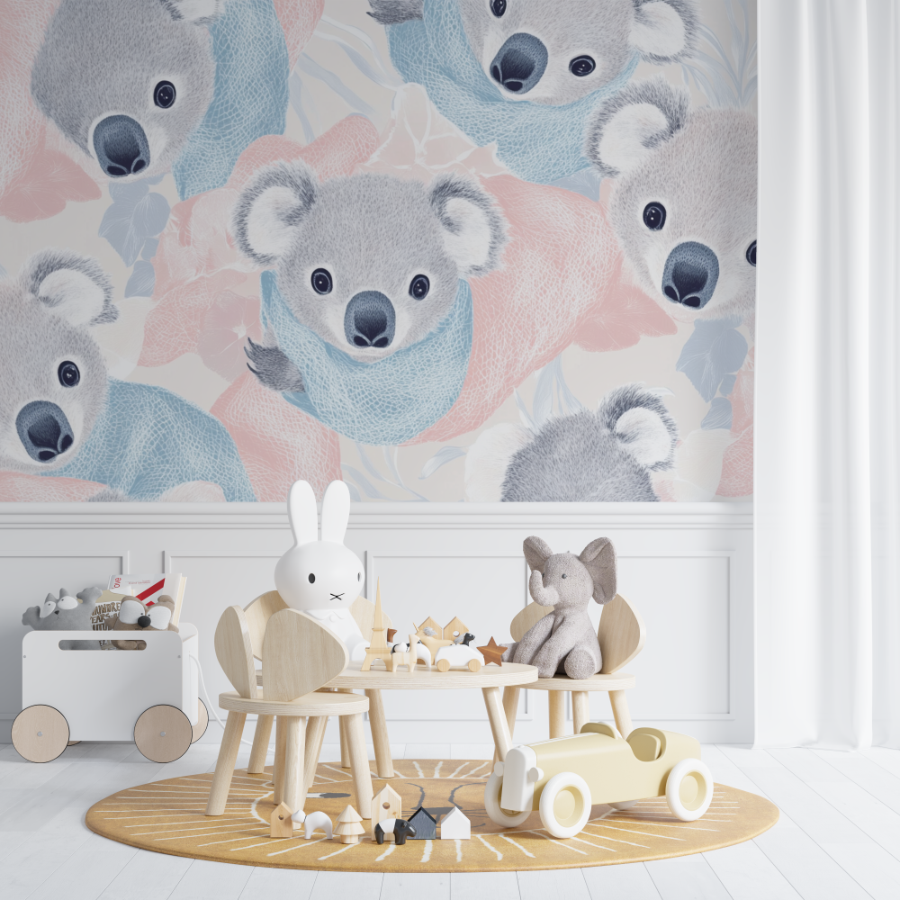 Papier peint koala et couverture tricotee chambre de bebe