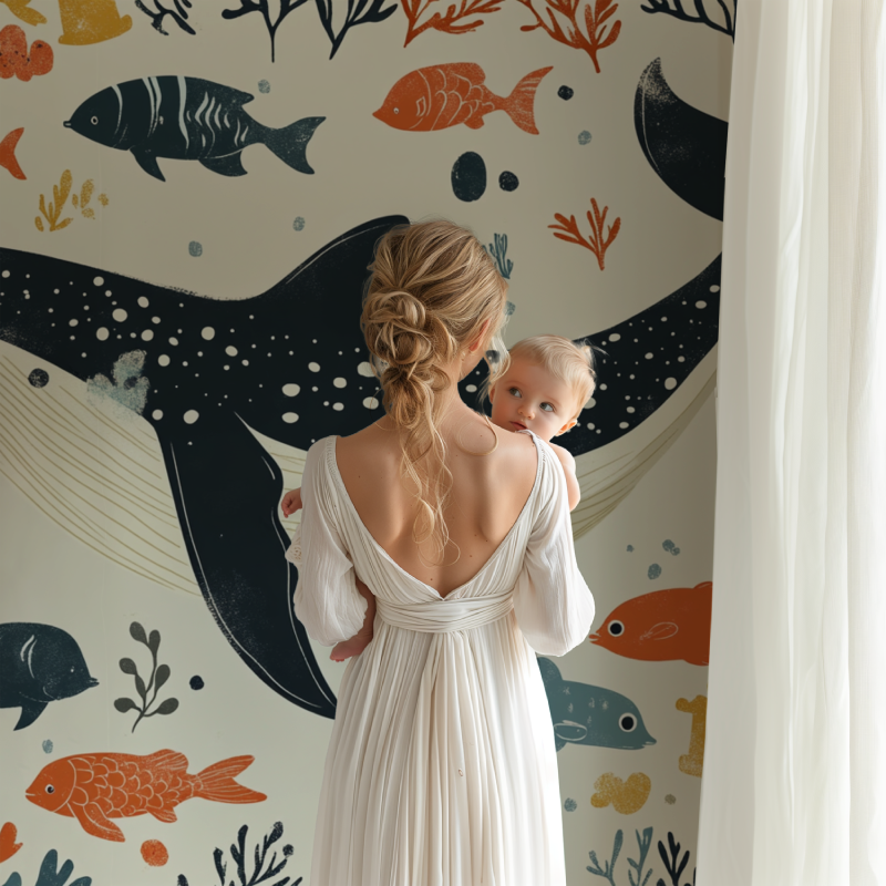 Papier peint marin poisson baleine beige bb123