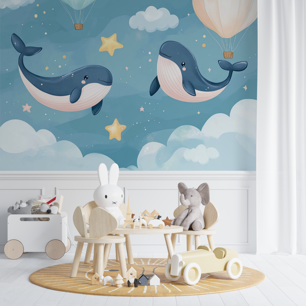 Papier peint marin duo baleine ...les nuages chambre de bebe