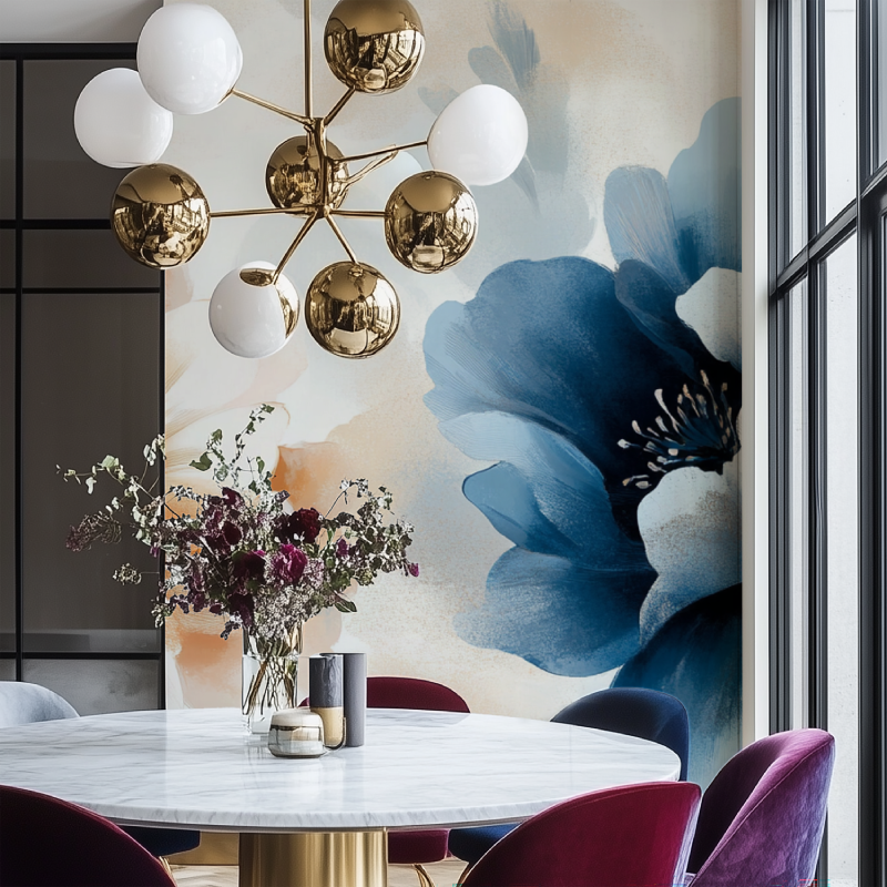 Papier peint fleur bleu blanc marron beige salon chaise