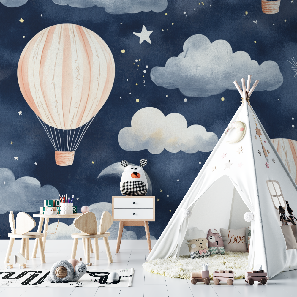 Papier peint montgolfiere et ciel nocturne chambre bebe