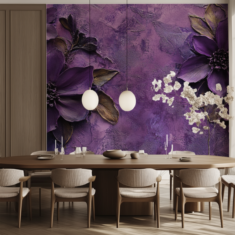Papier peint fleur mauve velour salle manger tendance