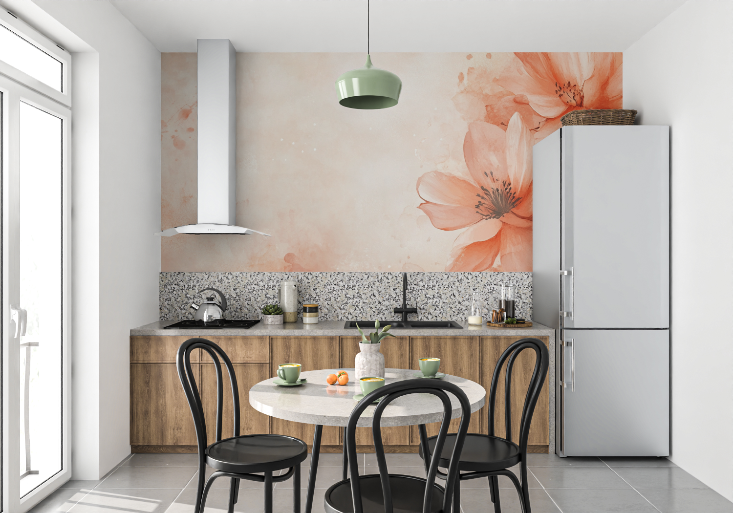 Papier peint terracotta floral aquarelle mur cuisine