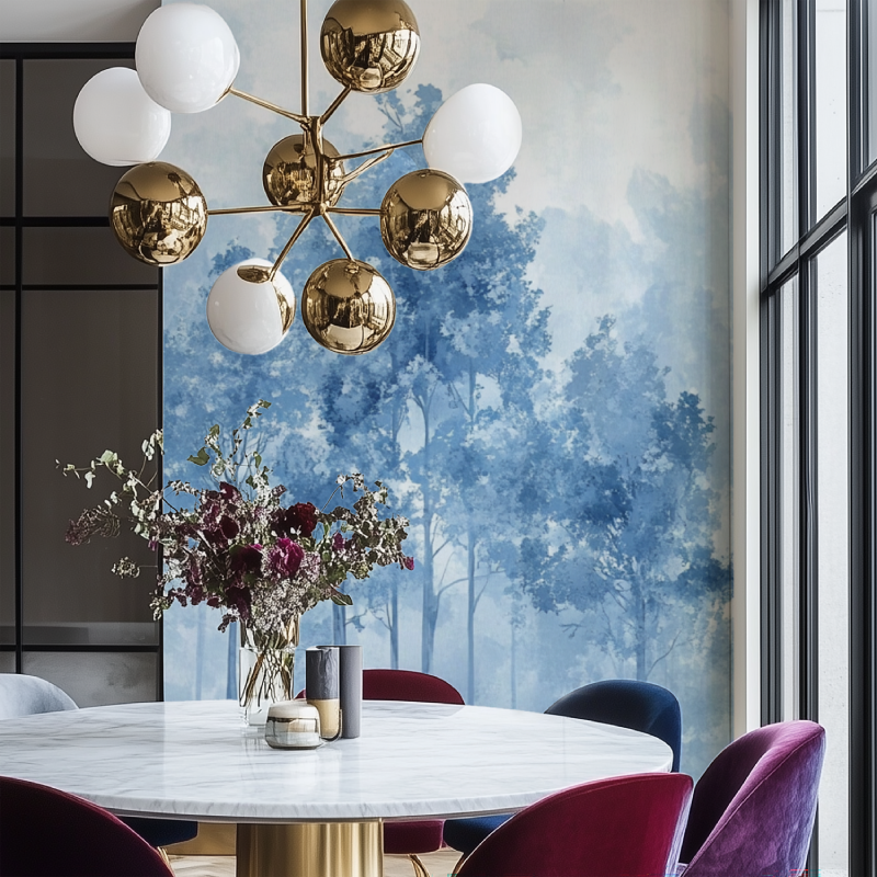 Papier peint arbre balc bleu salon chaise