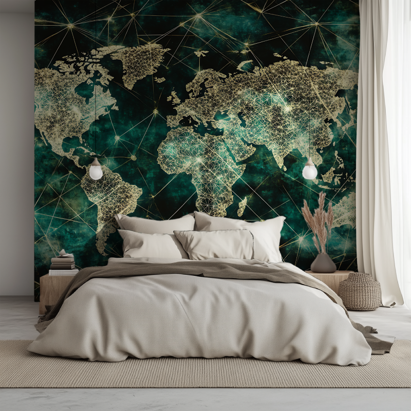 Papier peint carte du monde marron lit 1234