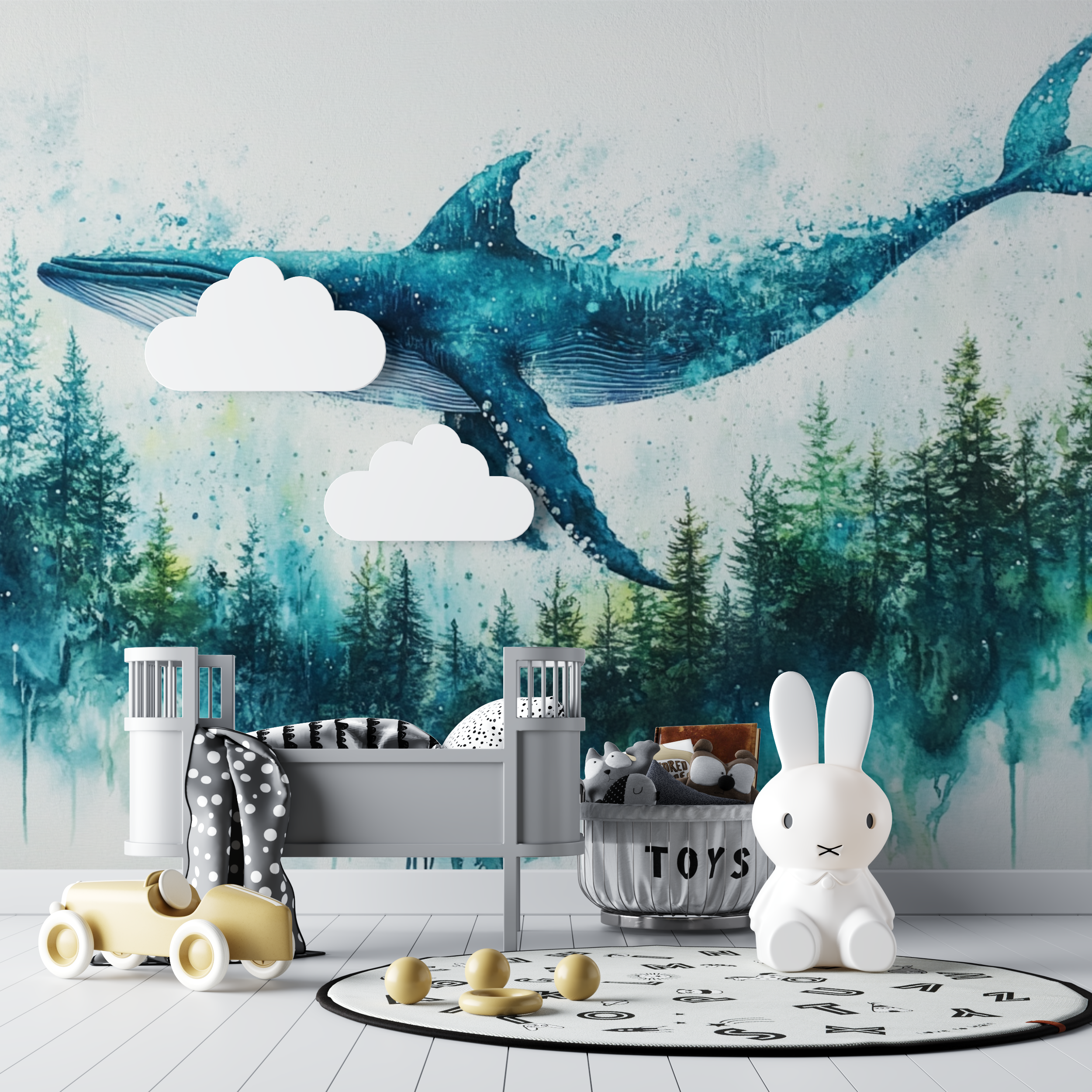 Papier peint baleine et foret bebe tipi