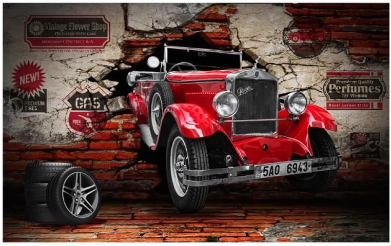 Auto vintage Trompe L'Oeil Wallpaper
