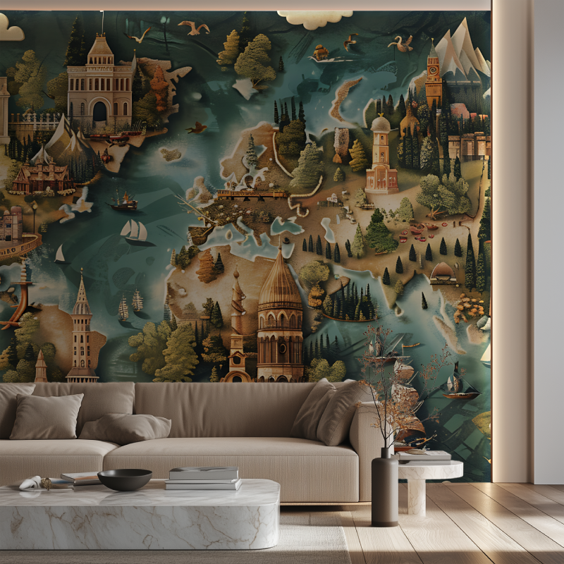 Papier peint carte du monde ville canape neon