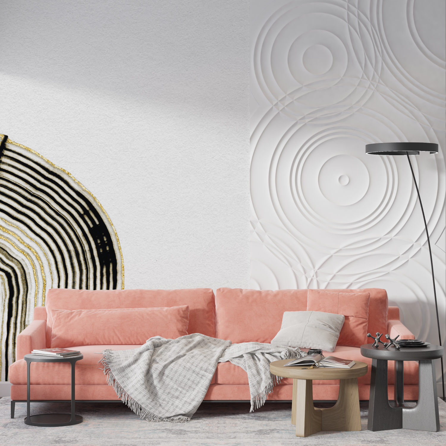 Papier peint aquarelle lignes dorees mur