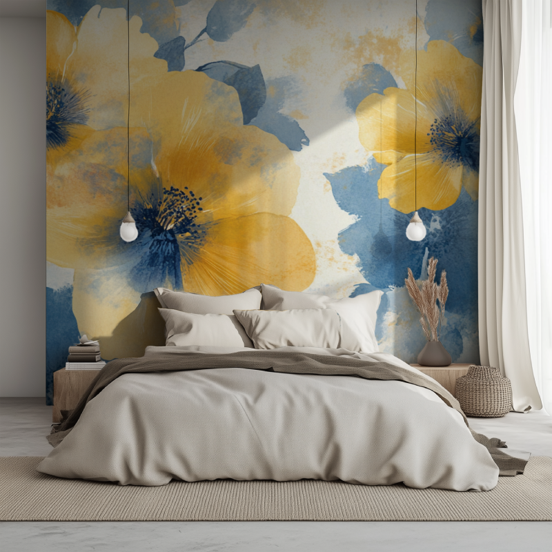 Papier peint fleur jaunes et bleu lit 1234