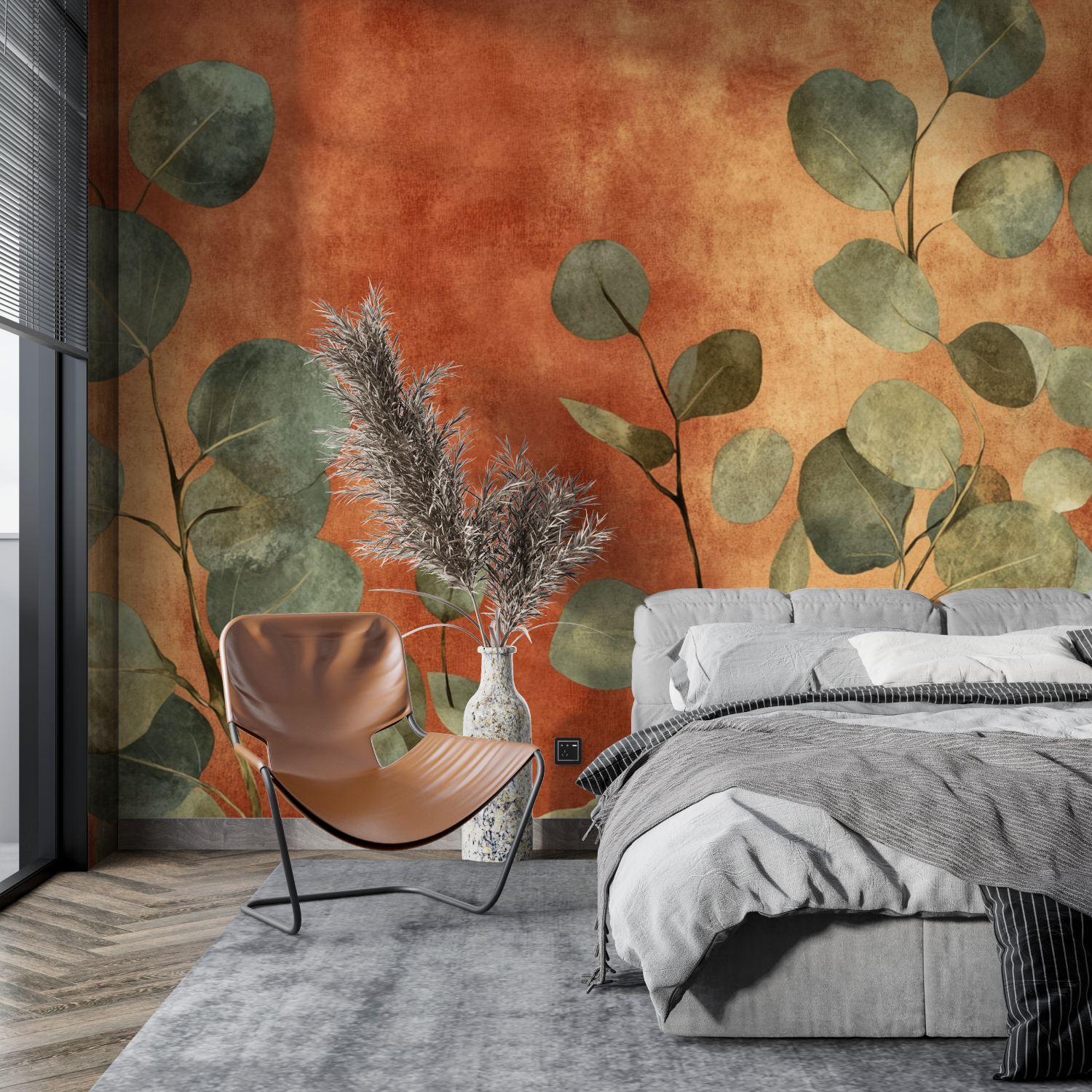 Papier peint terracotta et euca...us stylise tapisserie pano