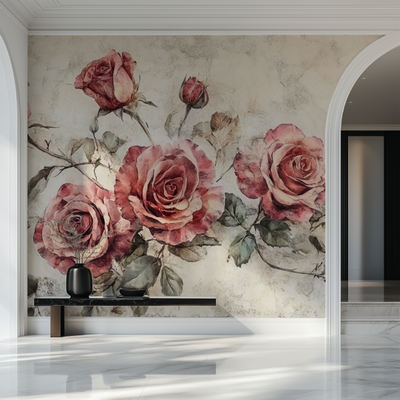 Papier peint fleur vintage rose salon beau