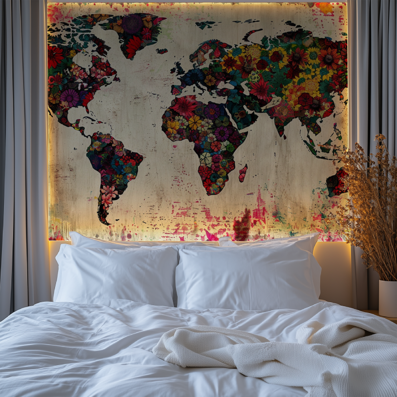 Papier peint carte du monde fleurie chambre tendanc