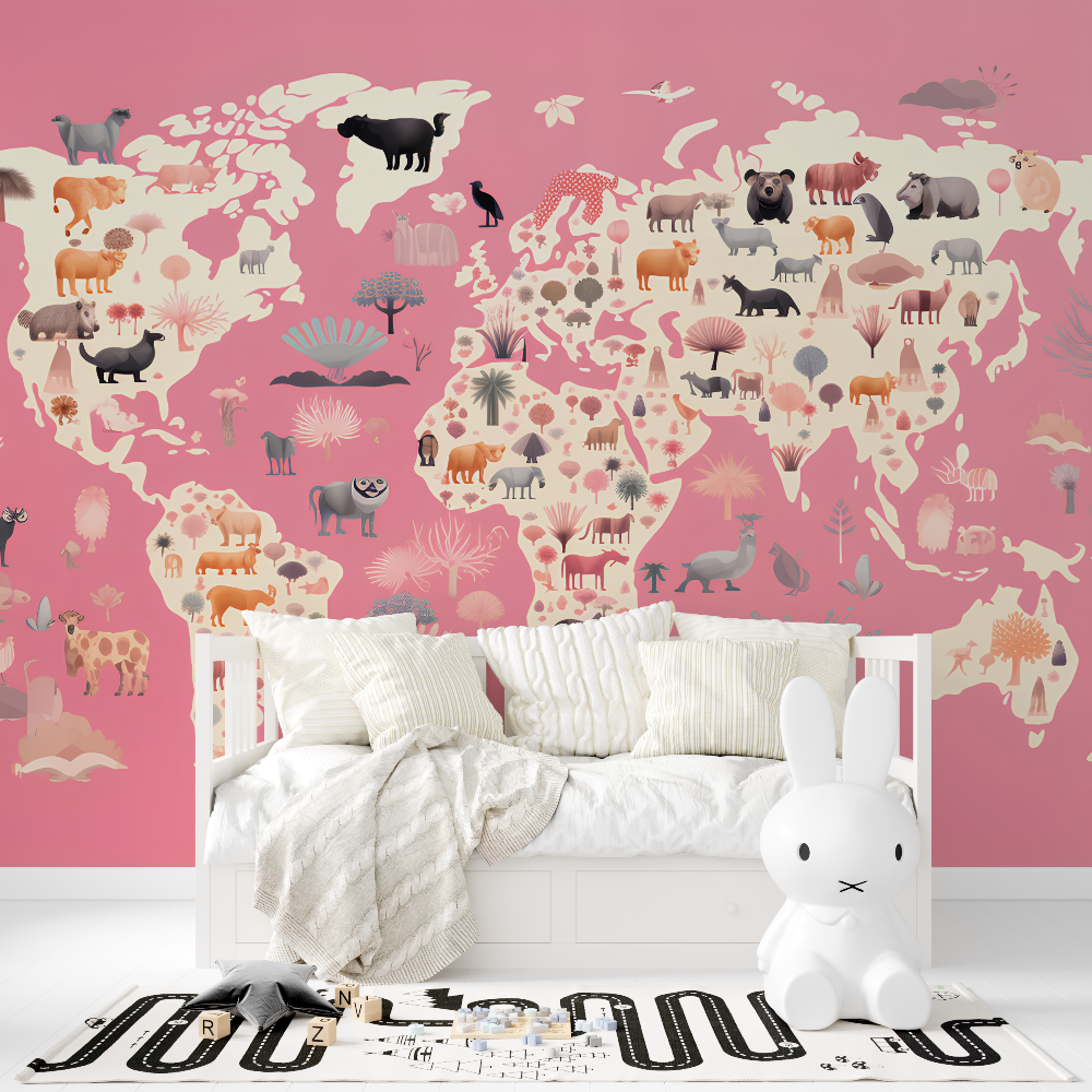 Papier peint carte du monde ani...fant rose tapisserie fille