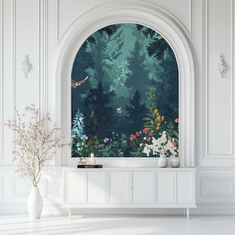 Papier peint fleur et animaux foret salon blanc