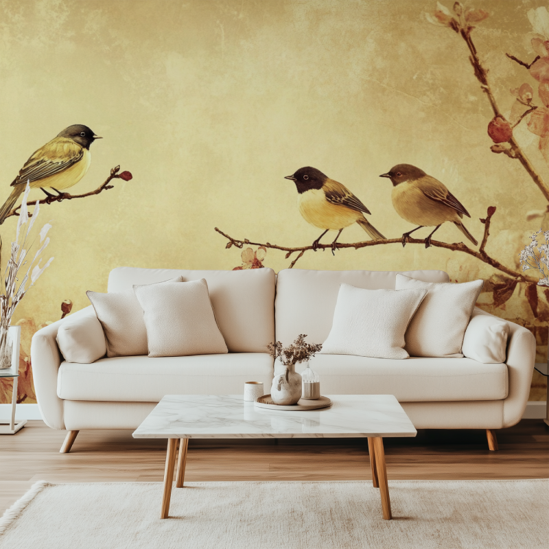 Papier peint vintage fleur et oiseau canape simple