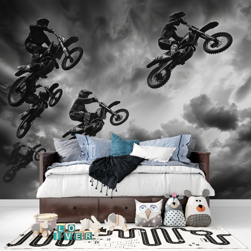 Papier peint 3d moto cross noir blanc tapisserie pour ado
