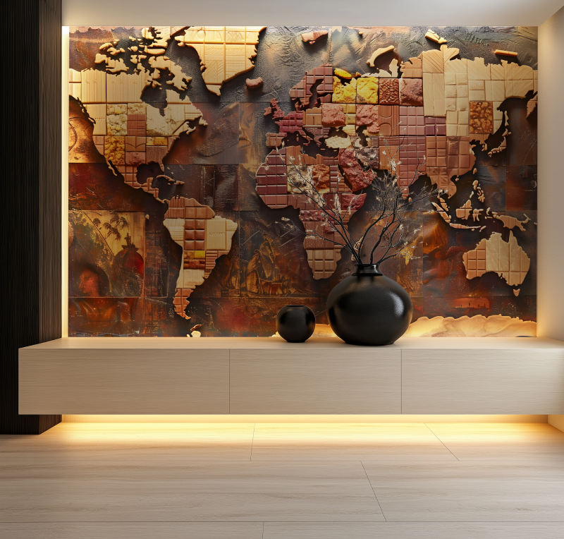 Papier peint carte du monde bois abstrait salon neon