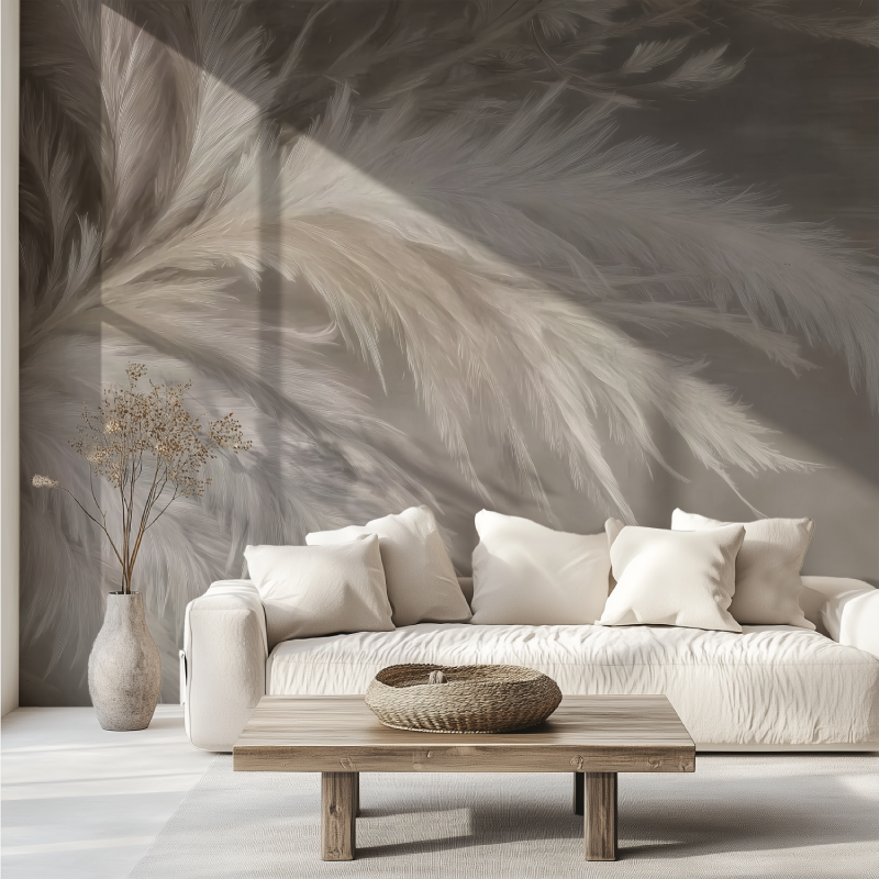 Beige white feathermural wallpaper canape tendance