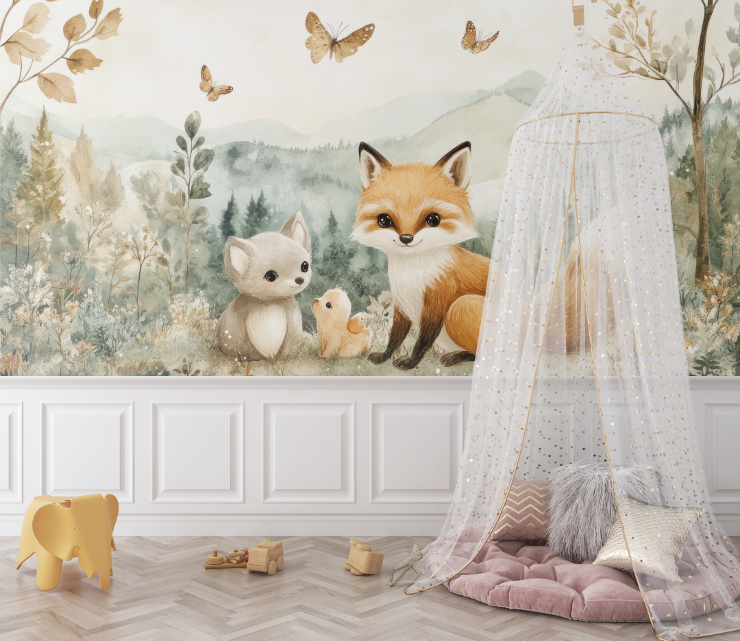 Papier peint renard et foret douce bebe