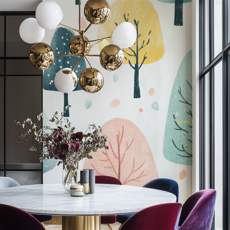 Papier peint arbre nature naive salon chaise