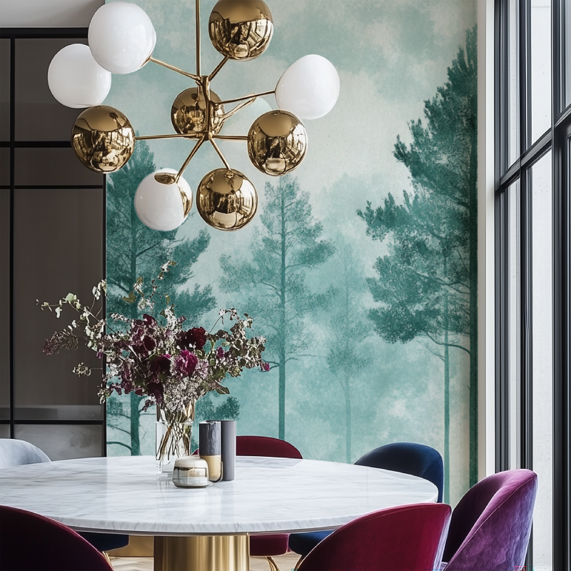 Papier peint arbre pin salon chaise