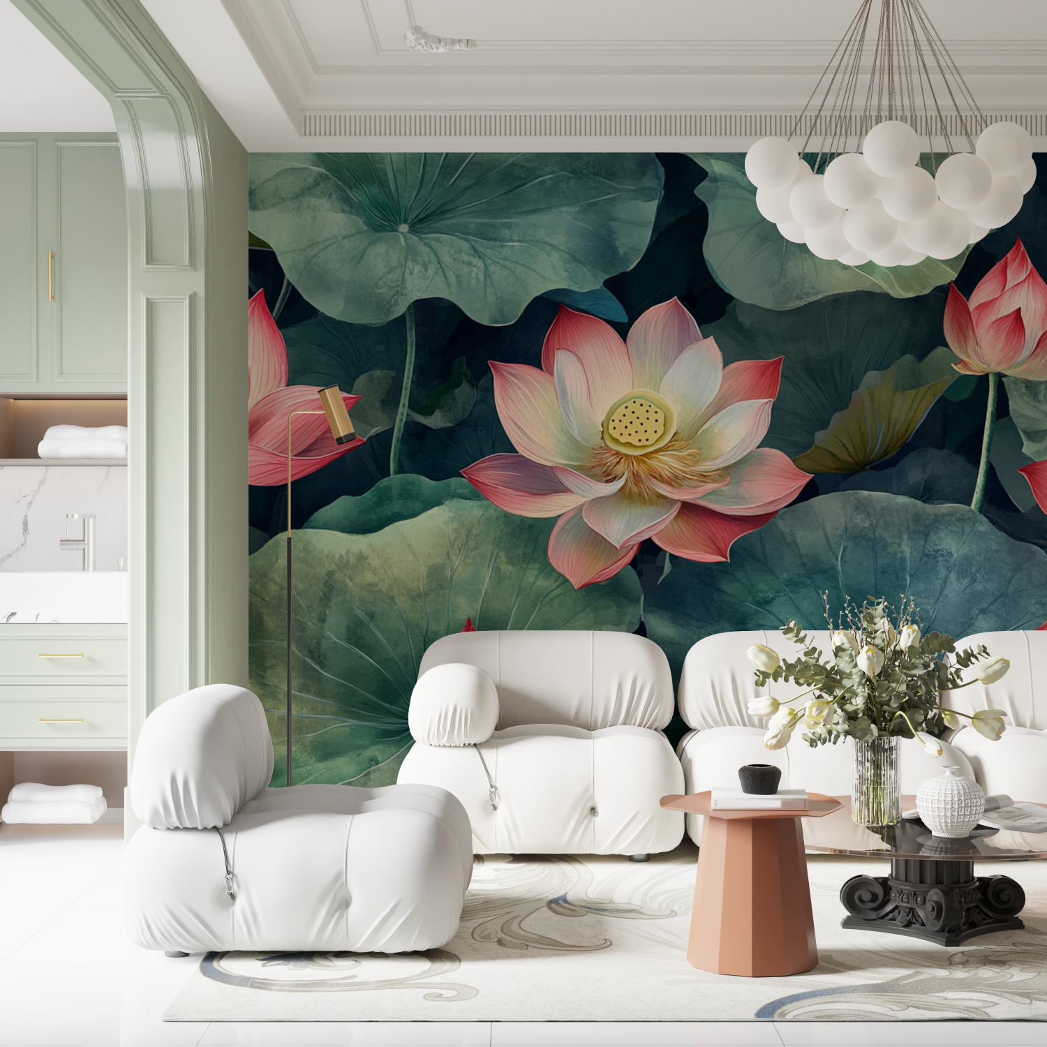 Papier peint aquarelle lotus et feuilles vertes contemporain