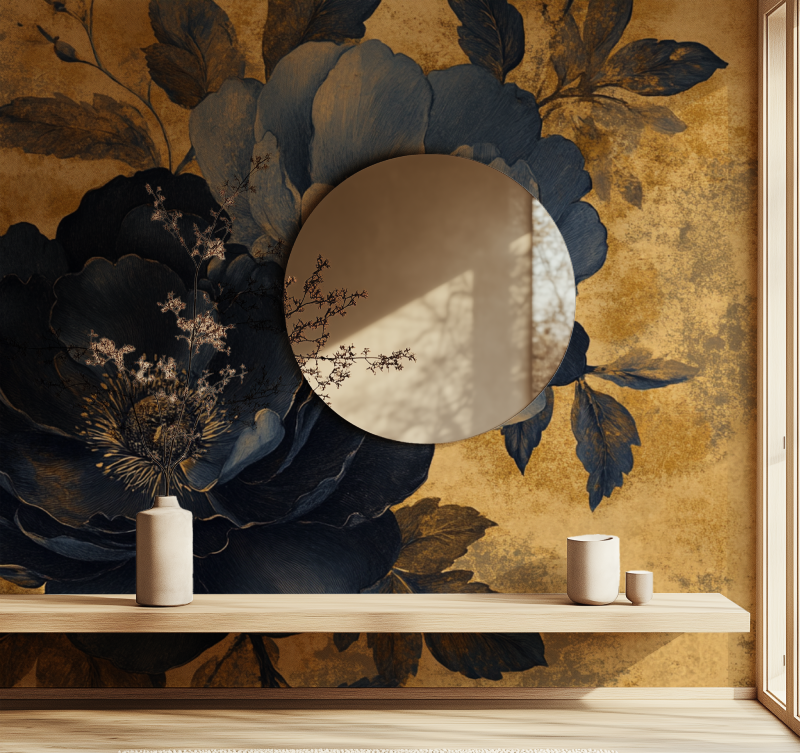 Papier peint noir moutarde bleu fleur vintage miroir