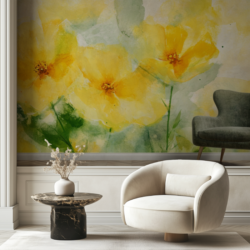 Papier peint fleur geante jaune chaise tendance