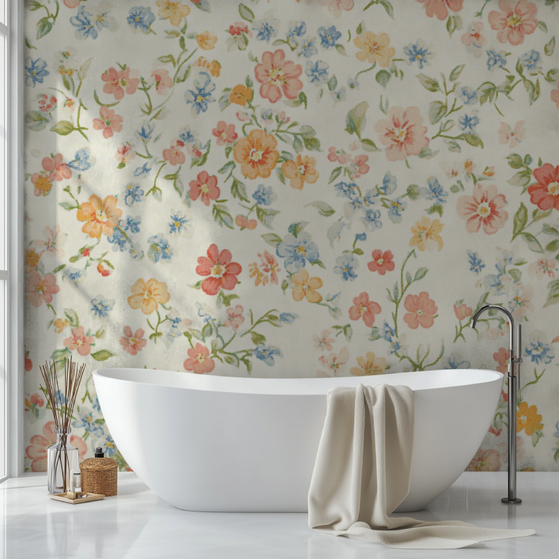 Papier peint fleuri liberty vintage sdb