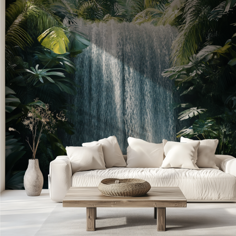 Papier peint trompe loeil cascade canape tendance