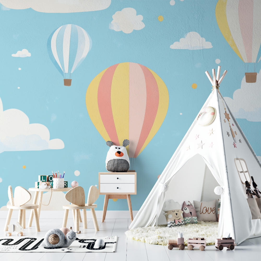 Papier peint montgolfiere et ciel etoile chambre bebe